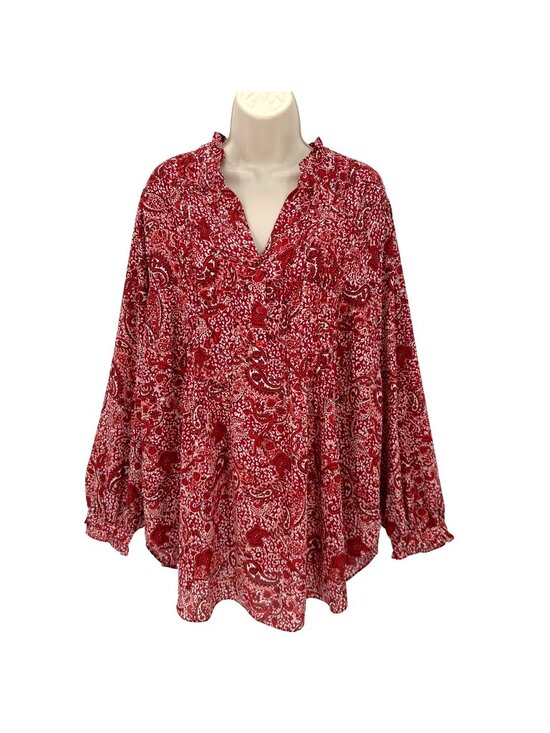 NYDJ Tops - NWOT NYDJ Womens Red Paisley Pintucked Pleated 1/4 Button Front Blouse Size 1X